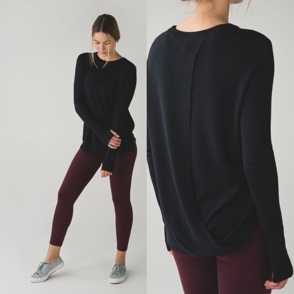 Lululemon Bring It Backbend Sweater Black Open Back Draped Cashmere Blend Tencel